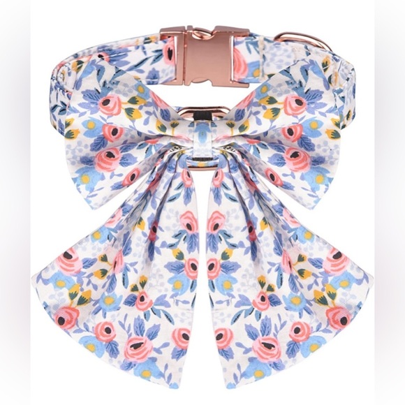 Dog Puppy Bow Floral Adjustable Detachable Collar Bandana Bone Shape Tag S/M NEW - Picture 4 of 16